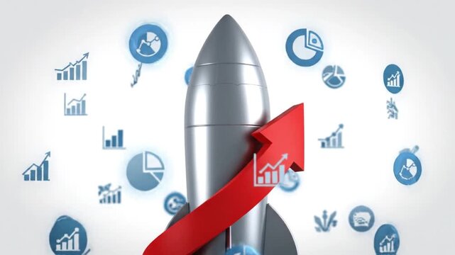 Silver rocket launching upwards with red arrow