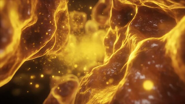 Macro view of glowing orange cellular structures with warm light bursts and abstract biology art mood