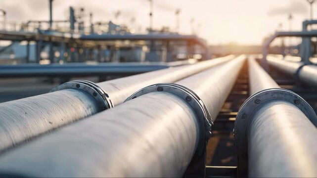 Industrial steel pipelines at sunset leading lines perspective