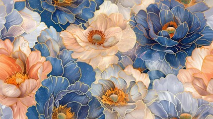 Abstract Floral Pattern with Golden Accents and a Blue Background. Seamless Pattern.