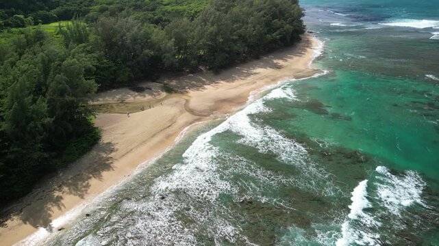Aerial drone view of tropical beach and turquoise ocean at Haena State Park in Kauai with sandy shoreline, coral reef, gentle waves and lush coastal forest
