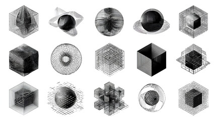 Editable stroke vector set of abstract geometric elements grid 3D shapes wireframe mesh sphere and cube futuristic cyberpunk y2k retro style for logo graphic poster tech background stock vector