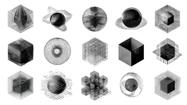 Editable stroke vector set of abstract geometric elements grid 3D shapes wireframe mesh sphere and cube futuristic cyberpunk y2k retro style for logo graphic poster tech background stock vector - Powered by Adobe