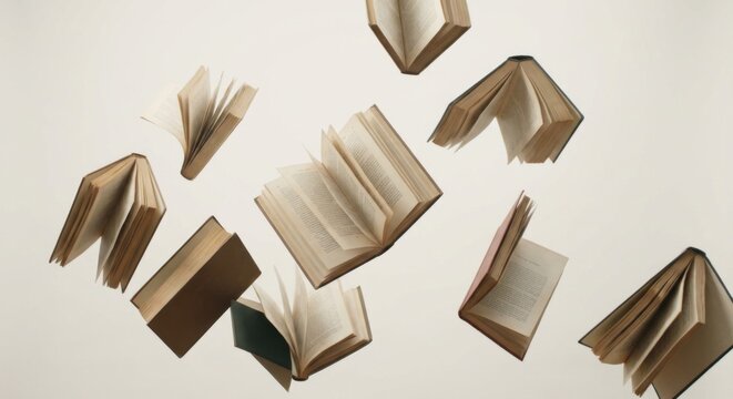 Scattered open books floating in the air creating a sense of wonder and discovery
