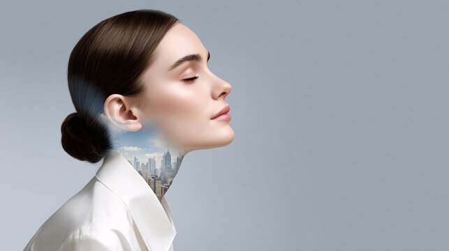 Double exposure portrait blending technology and feelings, futuristic emotion concept, copy space
