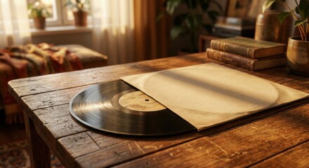 Old vinyl record on a wooden table with books and a cozy armchair in the background