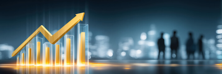 Golden upward financial chart with glowing bar graph and arrow showing business growth