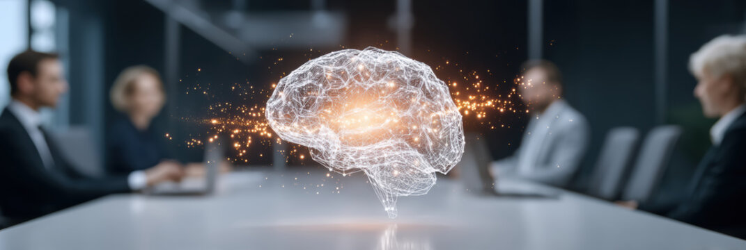 Neural network visualization glowing above conference table inspiring collaborative innovation - Powered by Adobe