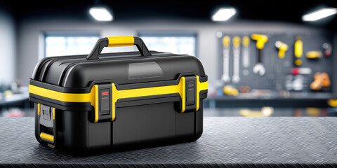 Black toolbox with yellow trim on workbench evoking practical organized workshop vibe