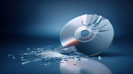 Broken optical disc with shattered fragments on reflective surface, cold dramatic mood