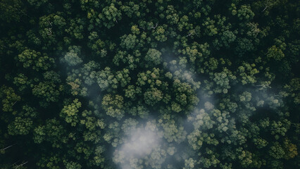 Aerial view of dense forest with misty fog between trees in natural landscape scenery