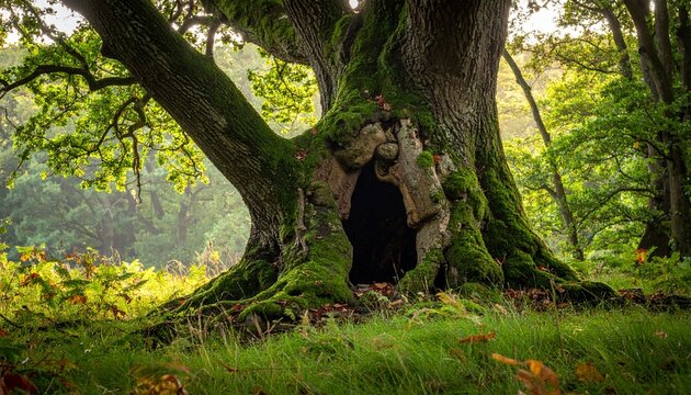 Mysterious figure stands within the hollow of an ancient, moss-covered tree in a lush forest.