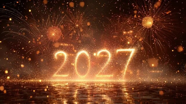 Fireworks explode in the night sky with 2027 written in sparkling lights on water