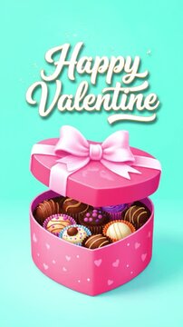 Vibrant digital illustration shows pink heart box of chocolates and 'happy valentine' text on turquoise.