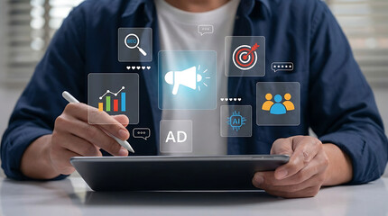 Digital marketing specialist using tablet with holographic icons showing megaphone and analytics charts for social media advertising strategy and online business promotion campaign management