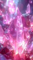 Luminous, faceted pink crystals emerging from a rocky bed, softly glowing with light