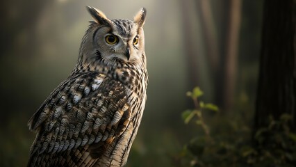 Majestic Owl with Bright Yellow Eyes Perched in Dark Forest Scene