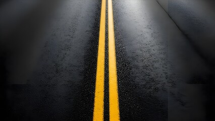 Freshly Painted Asphalt Road with Yellow Center Line at Sunrise
