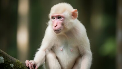 Obraz premium White Monkey with Pink Face Sitting on Tree Branch in Forest