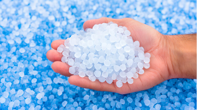Hand holding a handful of small blue and white plastic resin pellets 