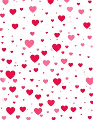 A pattern of floating hearts in varying sizes and shades of red and pink cascading on a white background
