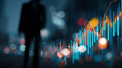 Businessman silhouette in city with financial chart overlay   - Powered by Adobe