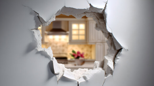 Large Clean White Wall With Jagged Hole Revealing A Modern Kitchen