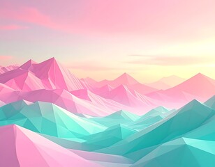 Low-poly mountain landscape with pink and turquoise hues under a pastel sky
