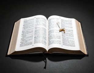 Fototapeta premium Open Bible on a Dark Surface with a Wooden Cross, Religious Symbolism.