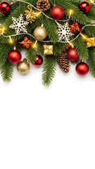 A festive Christmas tree with red balls and gold ornaments hangs from green fir branches as a classic winter holiday decoration for a New Year celebration