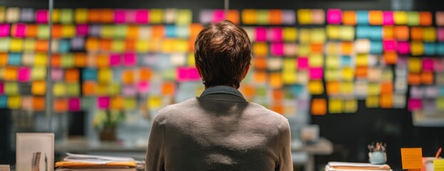 Man contemplating ideas while sitting at desk with colorful sticky notes on office wall