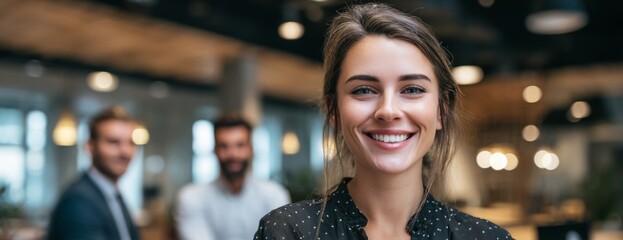 Smiling young woman standing in modern office with colleagues behind  