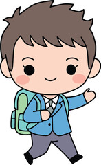 Obraz premium Happy schoolboy in blue uniform walking with backpack on