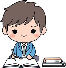 Fototapeta premium Cute cartoon boy studying with books and pencil in hand