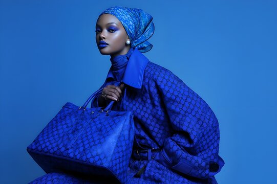 Black women's fashion in a monochromatic style with an oversized Gucci coat, a large royal blue patterned handbag and a soft blue scarf tied around their head featuring the iconic Gucci pattern