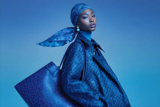 Black women's fashion in a monochromatic style with an oversized Gucci coat, a large royal blue patterned handbag and a soft blue scarf tied around their head featuring the iconic Gucci pattern