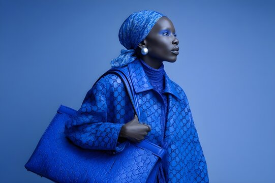 Black women's fashion in a monochromatic style with an oversized Gucci coat, a large royal blue patterned handbag and a soft blue scarf tied around their head featuring the iconic Gucci pattern