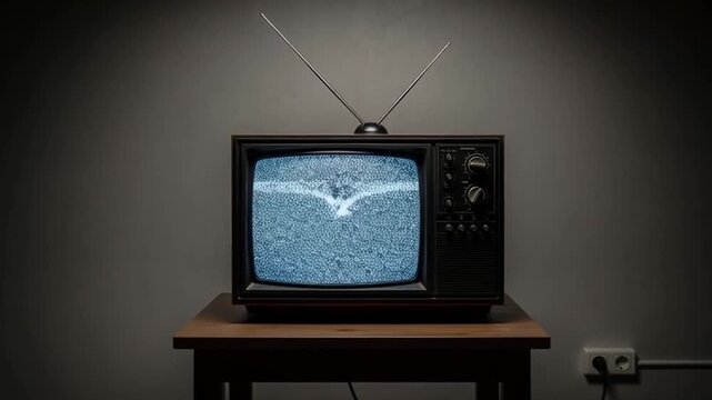 An old television sits on a wooden table against a gray wall.