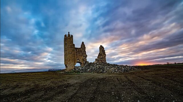 Ancient stone castle ruins stand against a dramatic cloudy sky at sunset