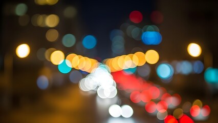 Colorful city street bokeh lights at night with blurred urban background
