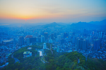 Seoul, Seoul, South Korea, 04 30 2025: The sunset landscape and the aerial view of Seoul city and Han river, South Korea. 