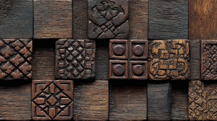 Textured Wooden Panels with Carved Geometric and Organic Patterns in Warm Brown Tones with High Contrast and Detailed Wood Grain Aesthetic Decoration