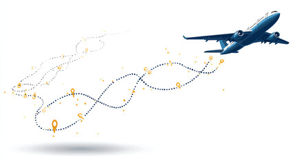 Flight route vector illustration airplane on dashed line path to destination flight tracking interface stock vector on white background