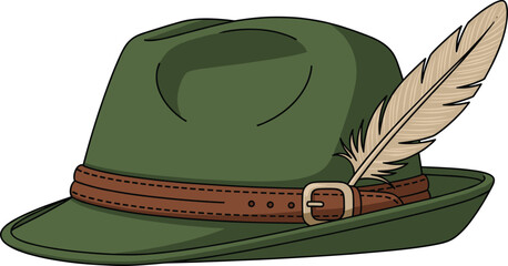 Classic green alpine hat illustration with feather and leather band, inspired by traditional folk costume and Oktoberfest fashion © Rumi