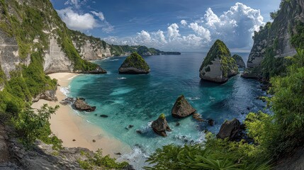 Turquoise Ocean Water and Rocky Cliffs at Diamond Beach Nusa Penida Bali Indonesia Panorama Tropical Scenery Under Partly Cloudy Sky Landscape Scenery