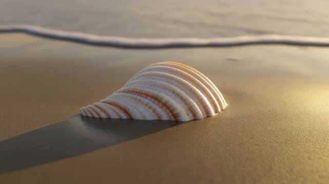 3D animation of a conch shell lying on wet beach sand. Gentle ocean waves ap