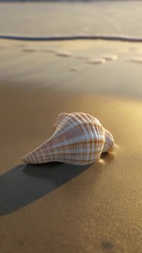 3D animation of a conch shell lying on wet beach sand. Gentle ocean waves ap