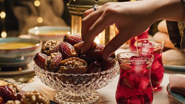 A hand reaches for dates on a decorative glass platter on a Ramadan iftar food table with a glass of red juice, set against a warmly lit background, conveying a sense of Ramadan Kareem.