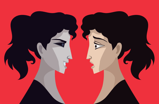 woman facing evil doppelganger