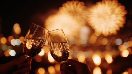 Celebratory Champagne Toast with Fireworks in Festive New Year Night